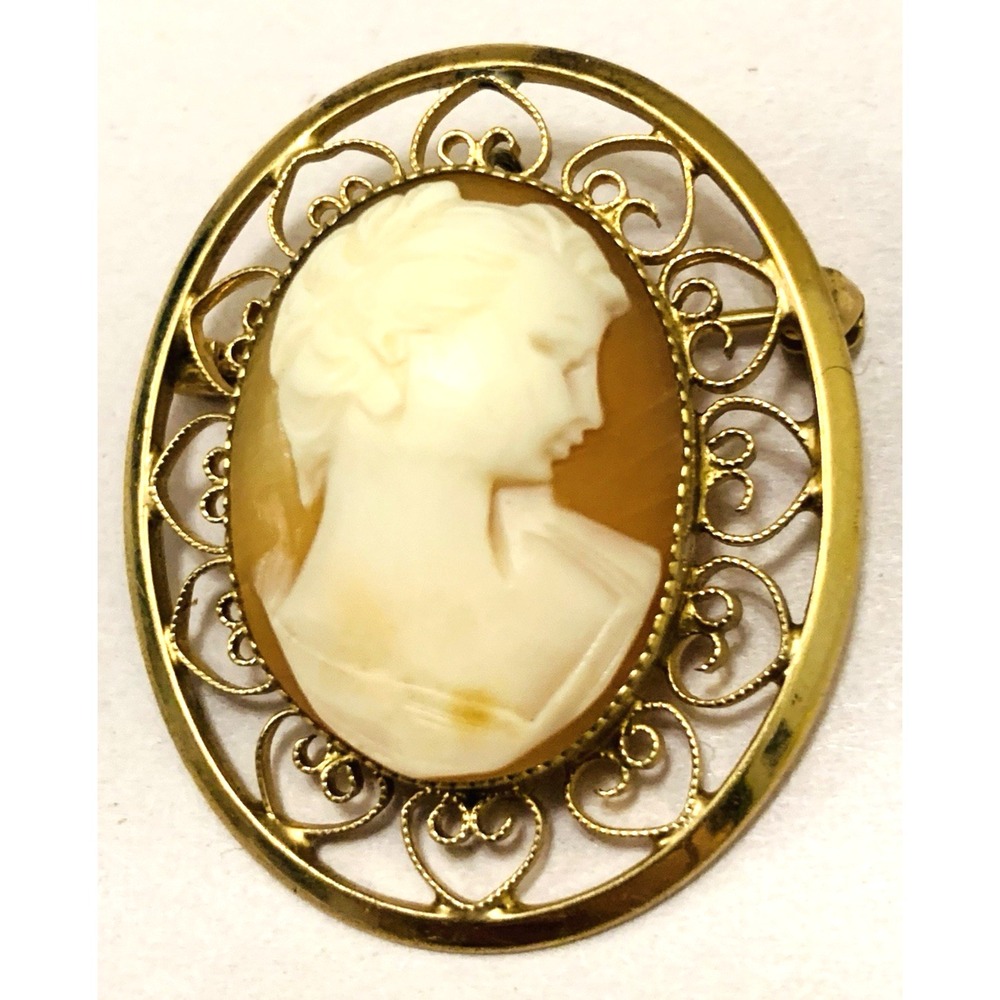 VTG Cameo Relief Pin Brooch Regency Signed Catamore 12K GF Yellow Gold Filled